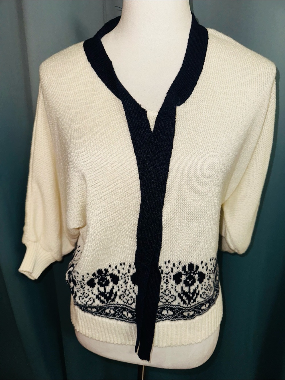 Vintage Petites by R&K Sweater PXL Ivory Navy Fair Isle Tie Neck Dolman Sleeve
